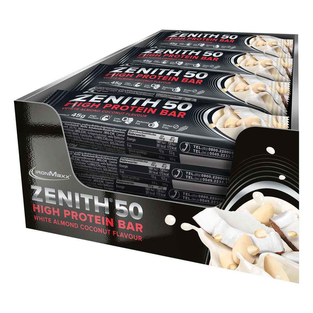 <tc>ZENITH® 50</tc> <tc>Protein</tc> Barrette (16x45g) - <tc>White Almond Coconut Crisp</tc>